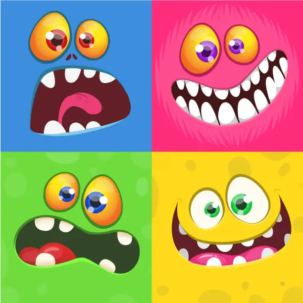 Vector illustration of Cartoon monster faces set. Vector collection of four Halloween monster avatars with different face expressions. Isolated