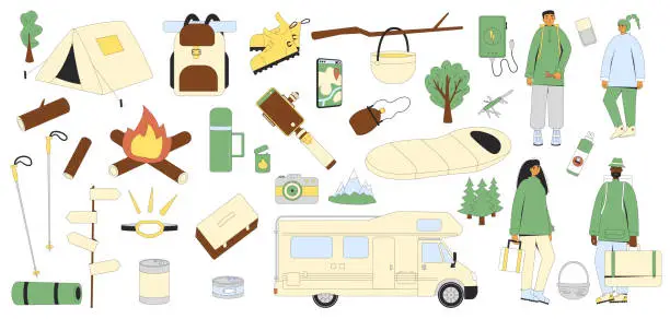 Vector illustration of Camping set isolated on white background. Tourists characters and hiking item. Spring and summer travel and picnic tools. Cookout in park, forest and mountain. Trip with people. Vector illustration