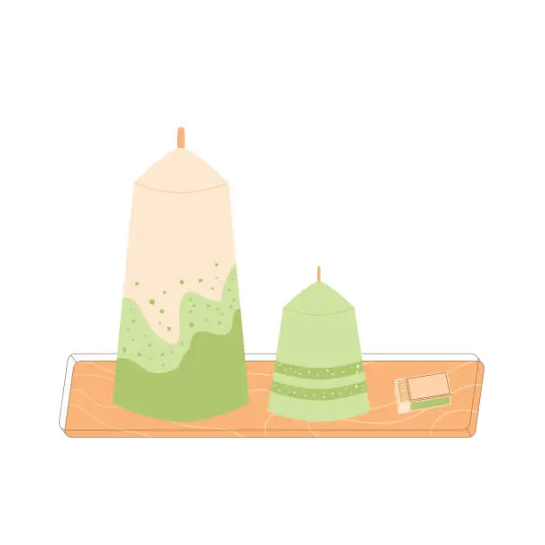 Vector illustration of Candles on a wooden stand set. Handmade aromatic candlelight with match isolated in white background.