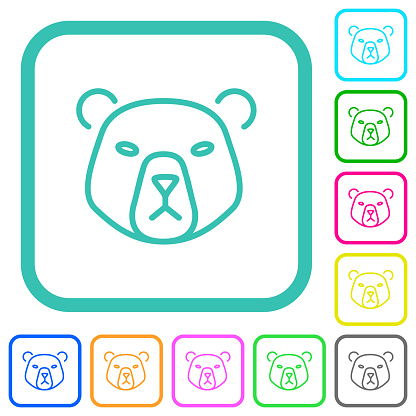 Bear head outline vivid colored flat icons in curved borders on white background
