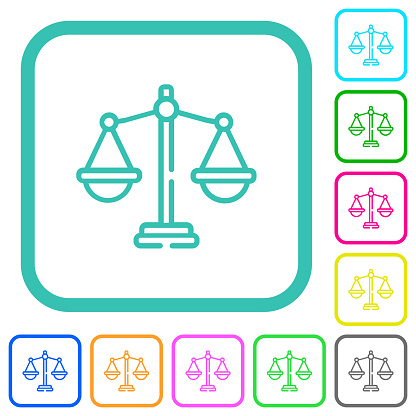 Scales of justice outline vivid colored flat icons in curved borders on white background
