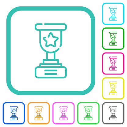 Trophy cup with star outline vivid colored flat icons in curved borders on white background