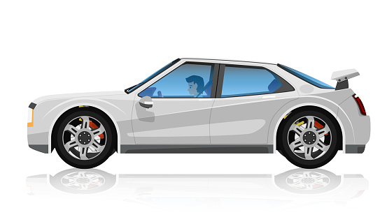 Cartoon concept vector or illustration of detailed side of a sports car with driving inside car. With shadow of car on reflected from the ground below. Separate layers. Isolated white background.