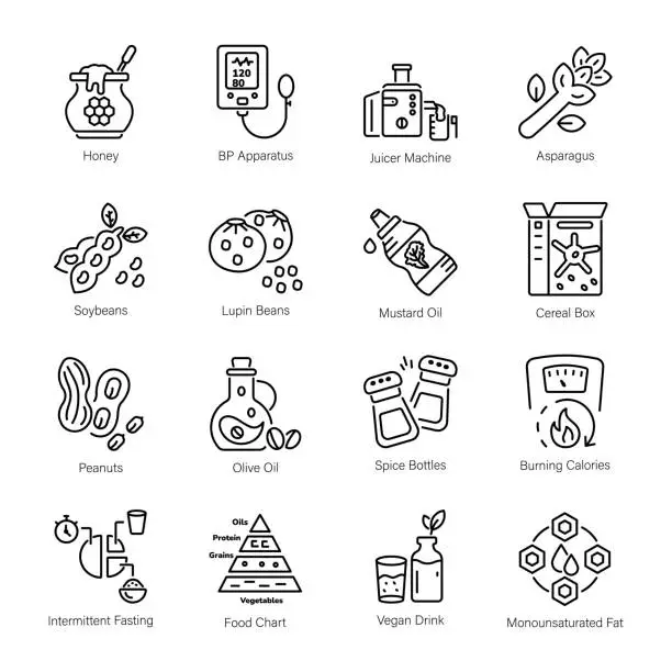 Vector illustration of Pack of Organic Food Line Style Icons