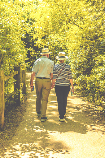 Worcestershire , UK: Senior couple walking through natural reserve park, with sun protective hats, water and map. Rear view. Leisure, active healthy lifestyle for elder. Mature people enjoying life.