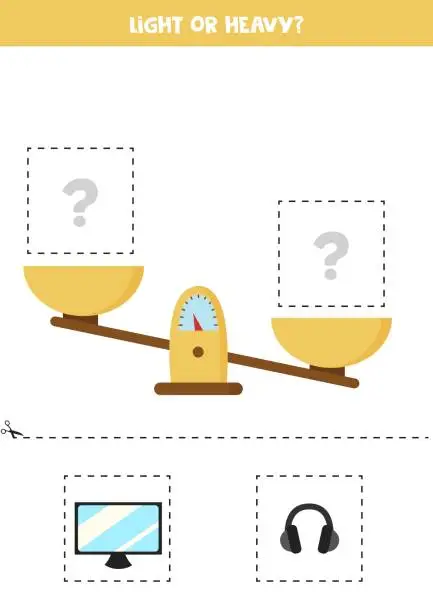 Vector illustration of Light, heavy or equal. Cut pictures below and glue to the right box.