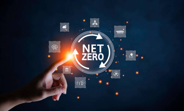 istock Net zero icon,carbon neutral and ESG concept. net zero greenhouse gas emissions target Climate neutral. Human hand holding eco green energy system icon around on blue background. 2115946213