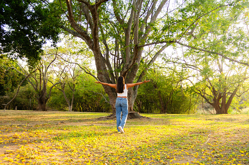 rear view of unrecognizable latin hispanic woman standing with arms open wide dressed casual in white and jeans in a outdoors park during golden hour