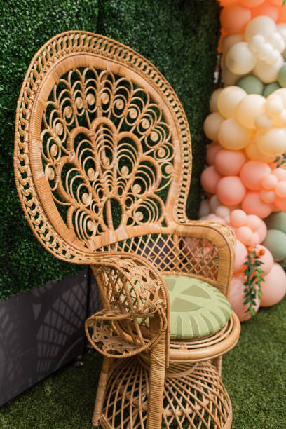 sedia pavone in rattan a una festa in giardino primaverile all'aperto a palm beach, in florida, nel marzo del 2024 - spring decoration orange series foto e immagini stock