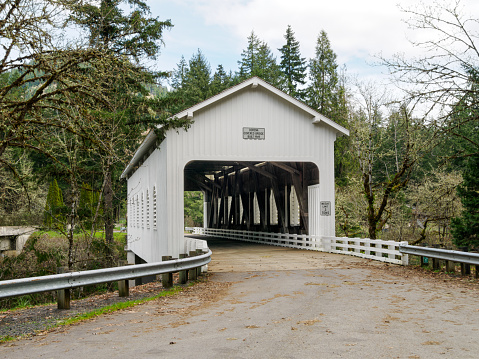 Dorena Covered Bridge over Row River is a Historic Landmark in Lane County Oregon. Closest city is Cottage Grove, Oregon, but is near the small community of Dorena, Oregon. Also called the Star Bridge.