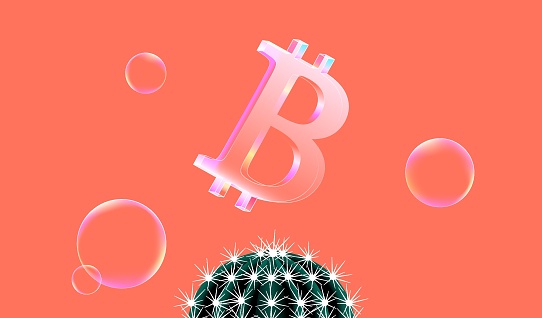 Bitcoin bubble falling on a catus. Investment risks, cryptocurrency, fintech concept. Vector illustration.
