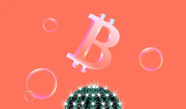Vector illustration of Bitcoin bubble falling on a catus vector illustration