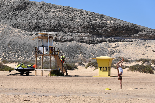 Risco del Paso, Fuerteventura, Spain, February 20, 2024 - Lifeguard tower on Risco del Paso beach / Playa de Sotavento de Jandia, Fuerteventura, Canary Islands, Spain.