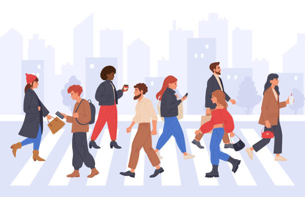 Pedestrians on crosswalk. Diverse people crossing road, male and female characters walking down the street flat vector illustration set. Passersby walking collection