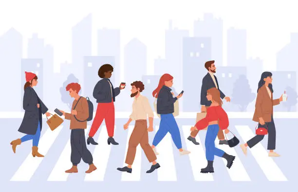 Vector illustration of Pedestrians on crosswalk. Diverse people crossing road, male and female characters walking down the street flat vector illustration set. Passersby walking collection