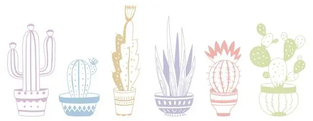 Vector illustration of Set of 6 cacti