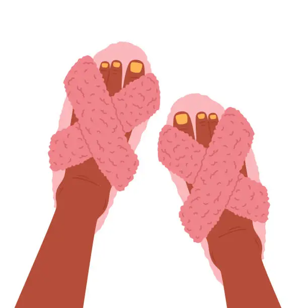Vector illustration of Female feet wearing fluffy slippers. Feet with pedicure wearing domestic footwear, cozy faux fur home shoes flat vector illustration. Cute slippers on feet
