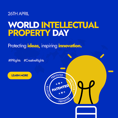 World Intellectual Property day. 26th April World IP day Facebook or social media banner with light bulb in yellow color and patented stamp. Protecting ideas for better business. 

World Intellectual Property Day. April 26. Holiday concept. Template for background, banner, card, poster with text inscription. Vector EPS10 illustration. stock illustration