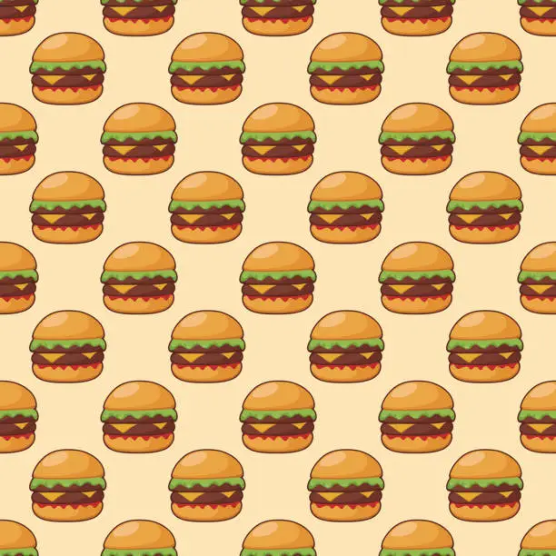 Vector illustration of Fast food seamless pattern with hamburgers. Vector food illustration.