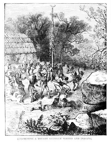 Some Native Americans got along with the US citizens. In this illustration they are celebrating together a treaty, which would have ended fighting.  Illustration published 1895.  Copyright expired; artwork is in Public Domain.