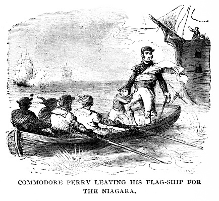 Naval Commander Oliver Perry rowing to USS Niagara  on Lake Erie during the War of 1812. American history. Illustration published 1895.  Copyright expired; artwork is in Public Domain.