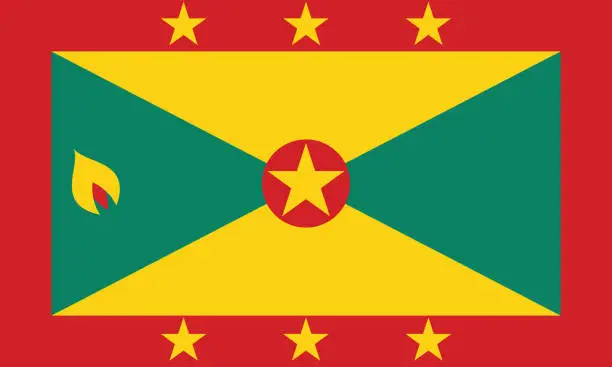 Vector illustration of Grenada flag. The official ratio. Flag icon. Standard color. Standard size. A rectangular flag. Computer illustration. Digital illustration. Vector illustration.