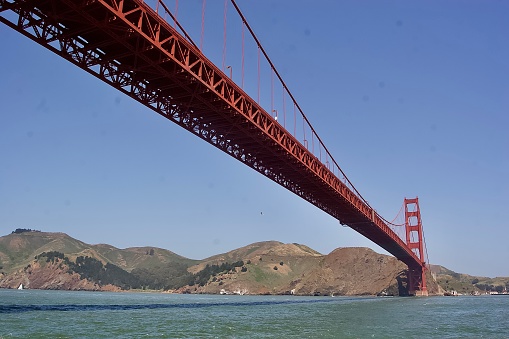 Looking up at the Golden Gate Bridge in San Francisco from a boat
