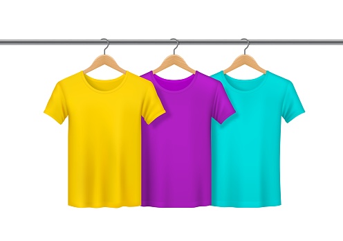 Cotton shirt store, T-shirts on hangers rack for shop wardrobe, vector mockup. T-shirts hanging on wooden hangers, yellow, purple and turquoise green blank shirts for apparel store or clothing shop