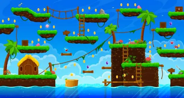 Vector illustration of Arcade tropical pirate island game level map UI