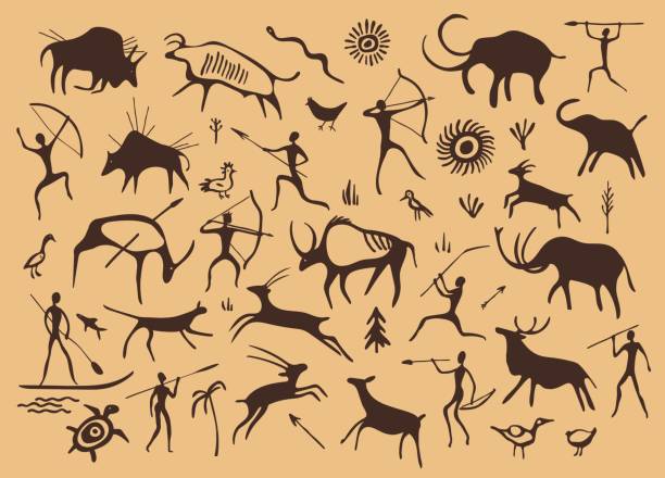 höhlenmalerei, antike prähistorische steinzeichnung - skizze handgezeichnet mammut stock-grafiken, -clipart, -cartoons und -symbole