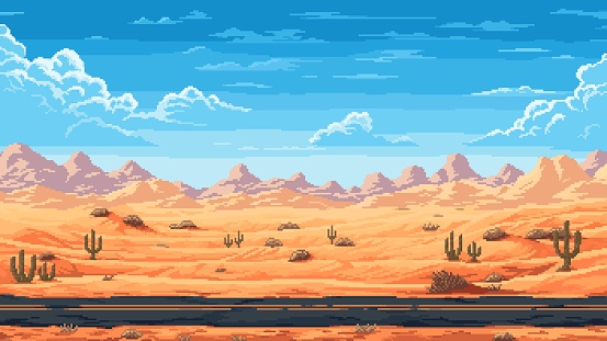 Retro 8 bit pixel american or mexican desert road landscape with cactuses. Pixel art game vector background of empty canyon highway road with mountains on the horizon, sand and rocks under blue sky