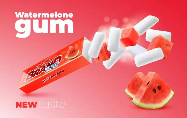 Vector illustration of Realistic watermelon chewing gum, promo banner