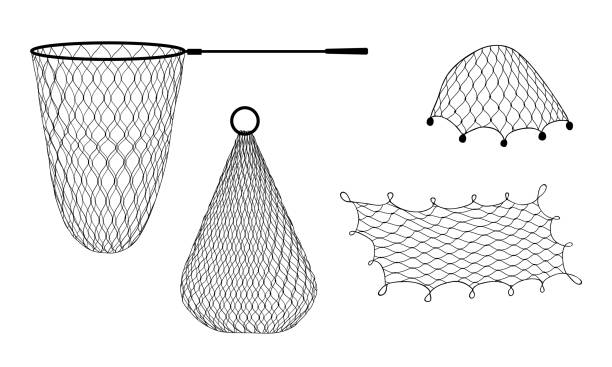 ilustraciones, imágenes clip art, dibujos animados e iconos de stock de red de pesca y trampa, red de arrastre, pecera y red de cerco - commercial fishing net netting fishing striped