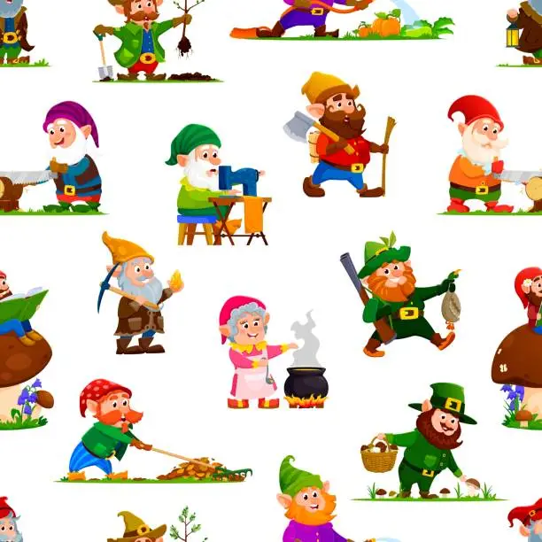 Vector illustration of Cartoon gnome or dwarf characters seamless pattern