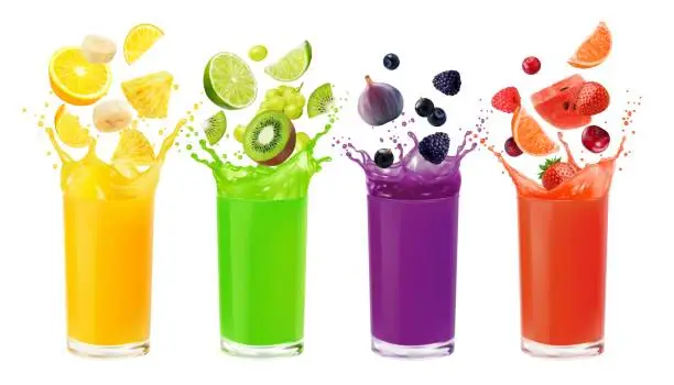 Vector illustration of Fruit juice glasses with splashes, fruits, berries