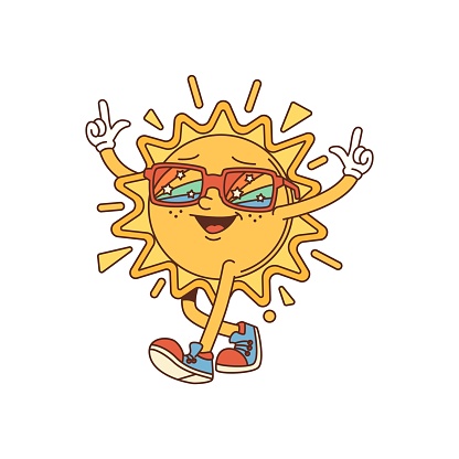 Groovy retro sun comical cartoon character. Hippie funny sun personage, groovy cheerful mascot sticker or 60s isolated vector happy character. Vintage shining star personage walking in sunglasses