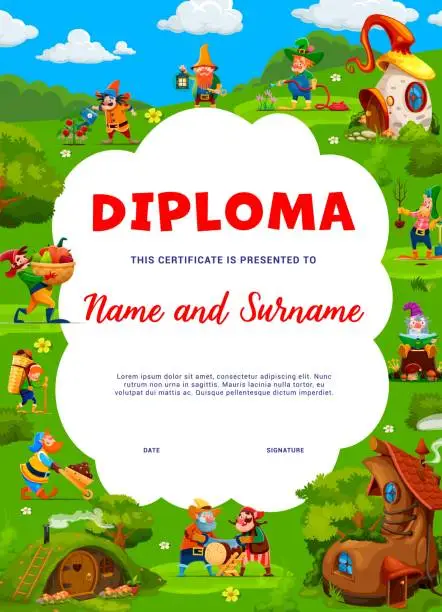 Vector illustration of Kid diploma, fairytale village with garden gnomes