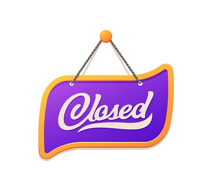 Closed sign for shop or store door, notice signboard hanging on pin, vector banner. Purple lilac sign with Closed information text for shop opening hours signboard background in frame