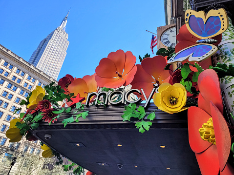 New York, New York, USA - March 25, 2024: The Herald Square entrance of Macy's during the 2024 Flower Show.