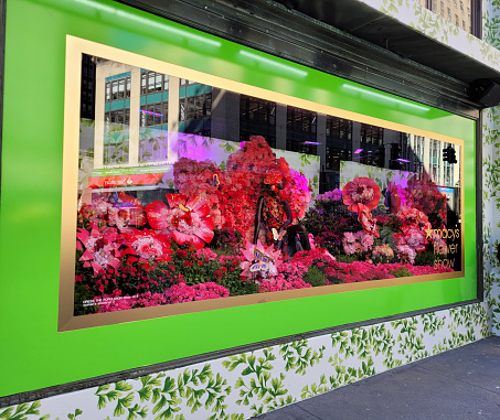 New York, New York, USA - March 25, 2024: The Herald Square windows of Macy's during the 2024 Flower Show.