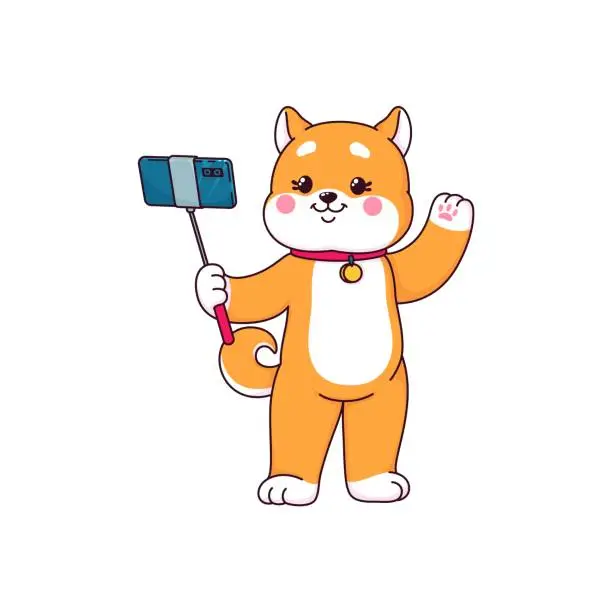 Vector illustration of Cartoon happy Shiba Inu dog puppy making selfie