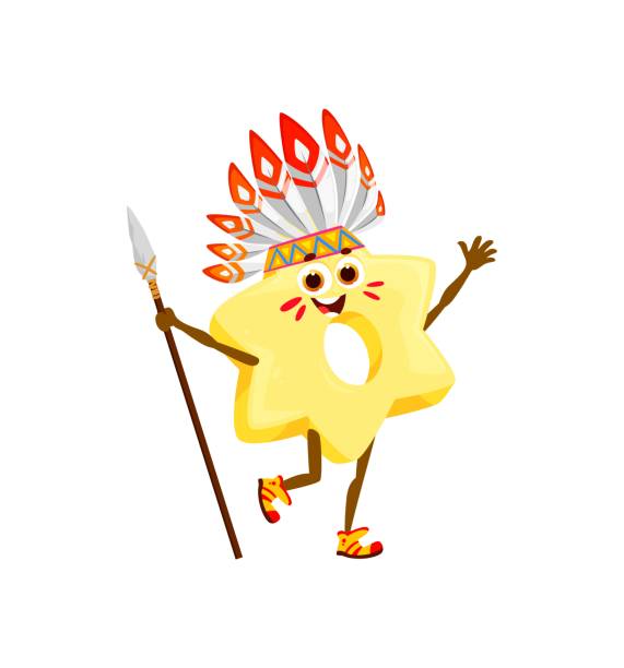 Cartoon Italian pasta Native American characters Cartoon Italian pasta Wild West Native American chief character. Stelle pasta Wild West cute personage, Italian noodle Western Native American warrior childish vector mascot with spear and war bonnet war bonnet stock illustrations