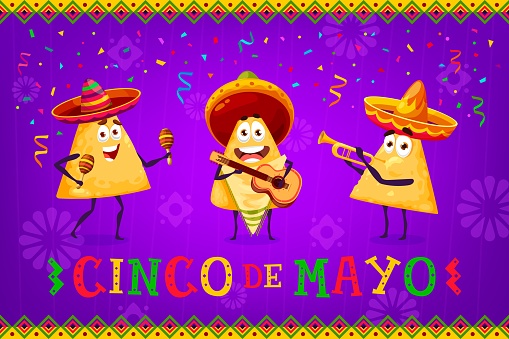 Mexican nachos chip mariachi musician characters on Cinco de Mayo holiday celebration banner. Mexican carnival, Cinco de Mayo vector poster with nachos funny personage playing on musical instruments