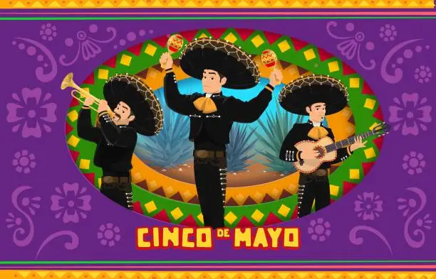 Vector illustration of Cinco de Mayo holiday paper cut mariachi musicians