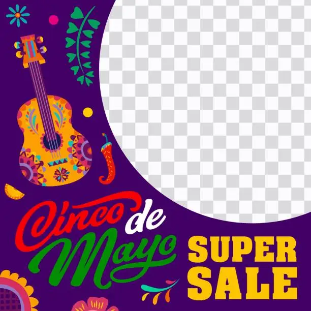 Vector illustration of Cinco de Mayo sale offer banner, guitar and flower