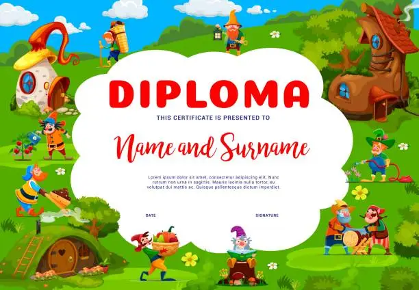 Vector illustration of Kids diploma, cartoon garden gnomes and dwarfs
