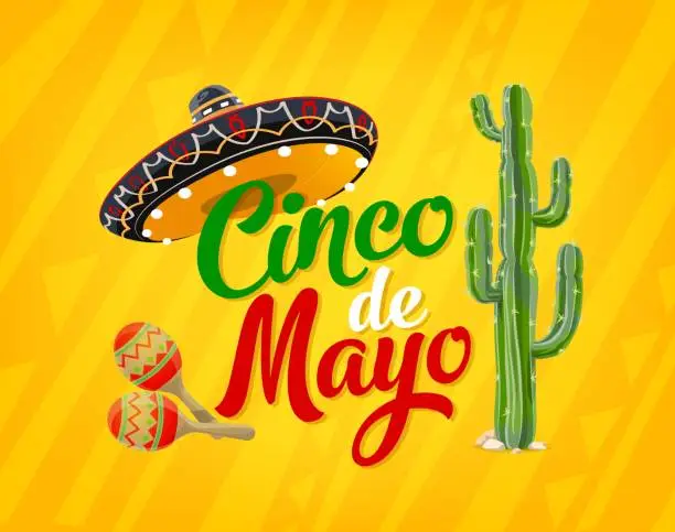 Vector illustration of Cinco de Mayo Mexican holiday poster with sombrero