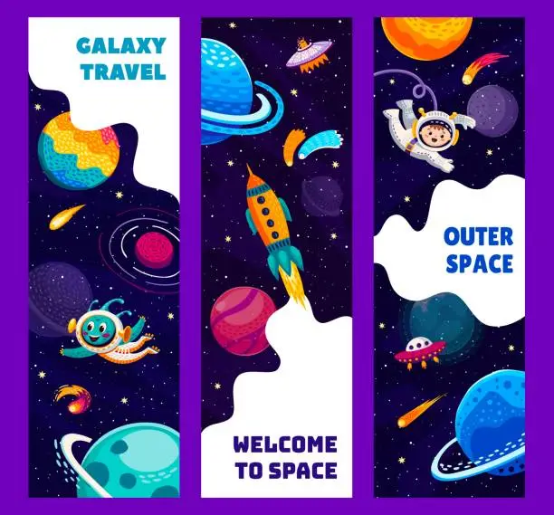 Vector illustration of Galaxy space banners, kid astronaut, space planets
