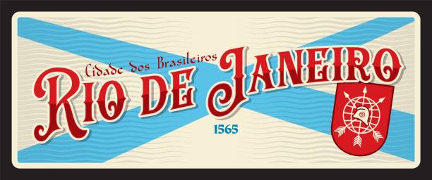 Rio de Janeiro retro travel plate, brazilian city, sticker and tin sign. Brazil postcard with coat of arms. South America vacation travel vector plate with flag and emblem, Cidade dos Brasileiros