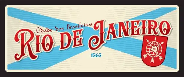 Vector illustration of Rio de Janeiro retro travel plate, brazilian city